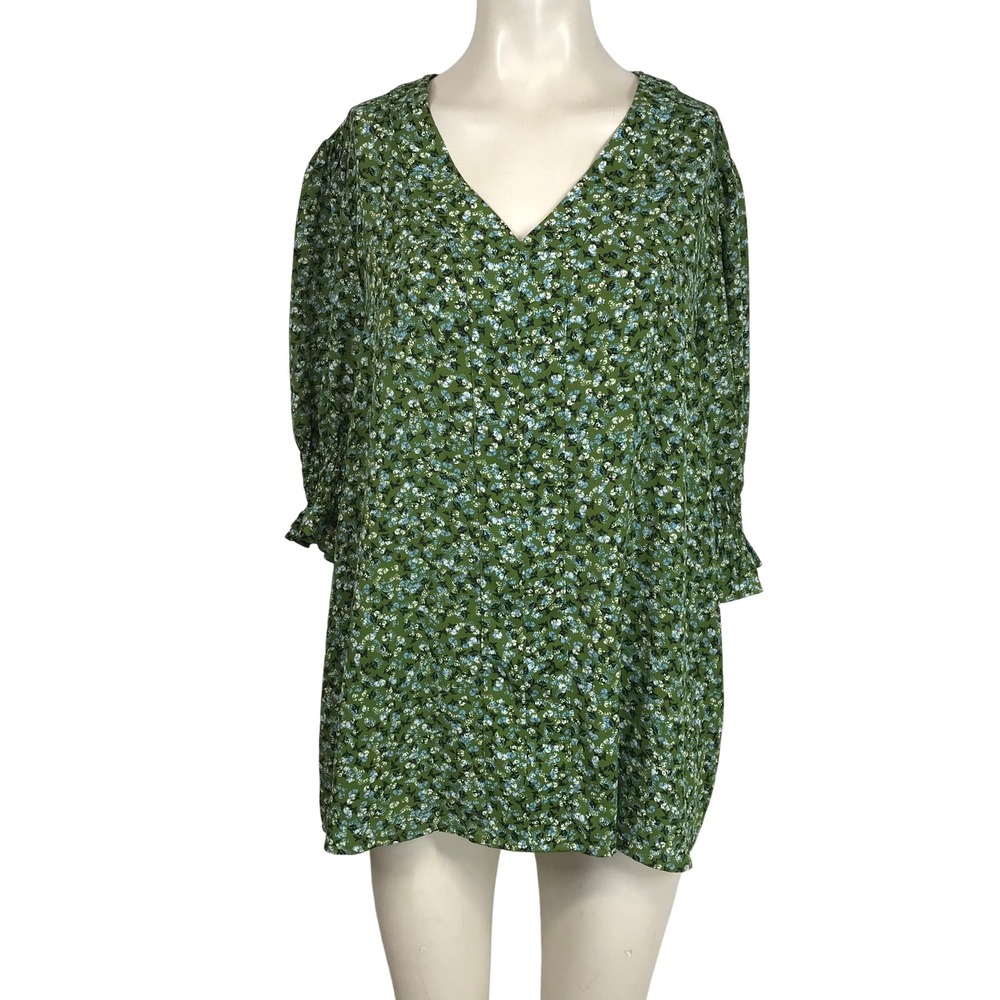 Jones New York Plus Size 1X Green Floral Print V Neck 3/4 Sleeve Dress